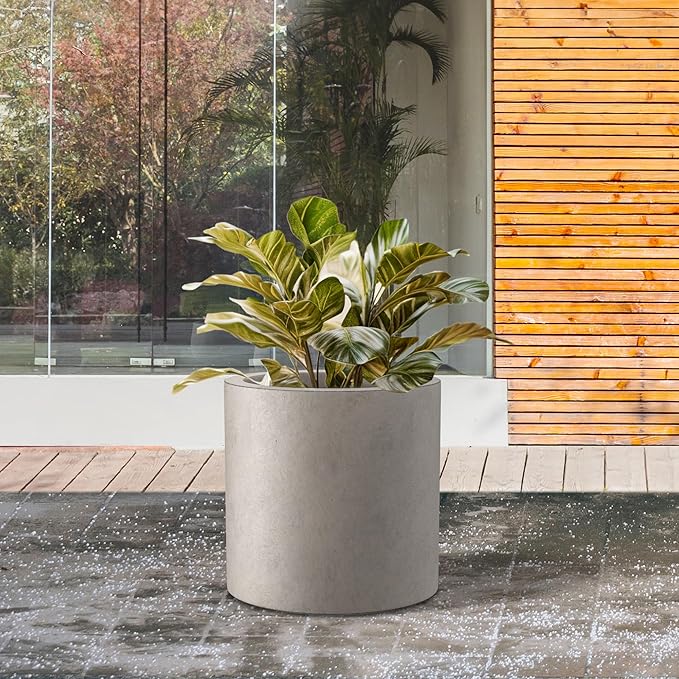 Kante 9.8" Dia Round Concrete Planter, Modern Style Large Cylindrical Plant Pot with Drainage Hole and Rubber Plug for Indoor Outdoor Patio, Weathered Concrete
