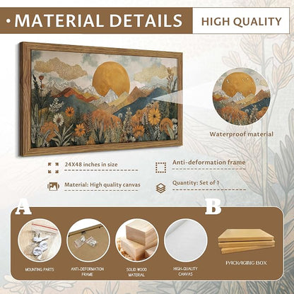 Framed Boho Landscape Large Wall Art, Abstract Sun Mountain Canvas Wall Decor - Image 4