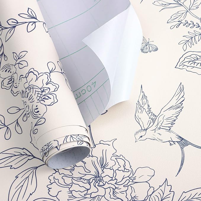 Froluya Cream White and Blue Floral Wallpaper Peel and Stick Wallpaper - Image 5