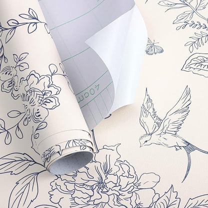 Froluya Cream White and Blue Floral Wallpaper Peel and Stick Wallpaper - Image 5