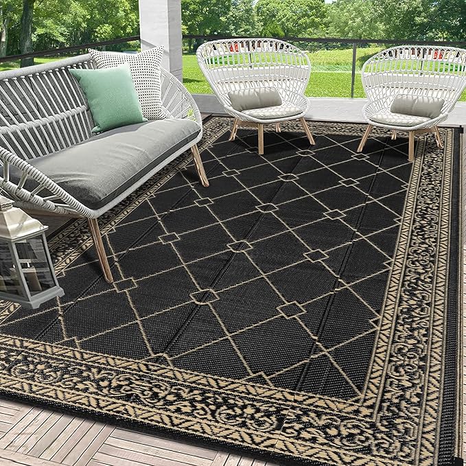 HEBE Outdoor Rug Waterproof 6x9, Reversible Plastic Straw Rug RV Camping Rug, Indoor Outdoor Patio Mat Clearance, Outside Carpet for Porch,Deck,Camper,Balcony,Backyard,Picnic