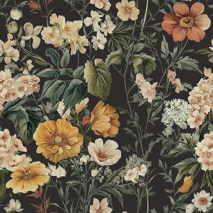 Livebor Floral Peel and Stick Wallpaper Black Floral Contact Paper 16.9"x118.1" by LiveborDirectWallpaper