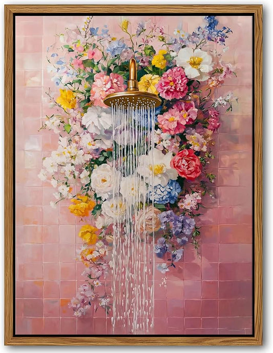Floating Framed Floral Shower Wall Art, Romantic Blooming Roses Waterfall by Unknown