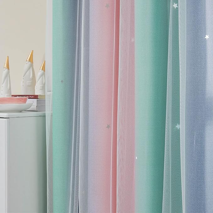 XiDi Curtains for Bedroom Decor, Rainbow Pinkgreen grey34/54 - Image 2