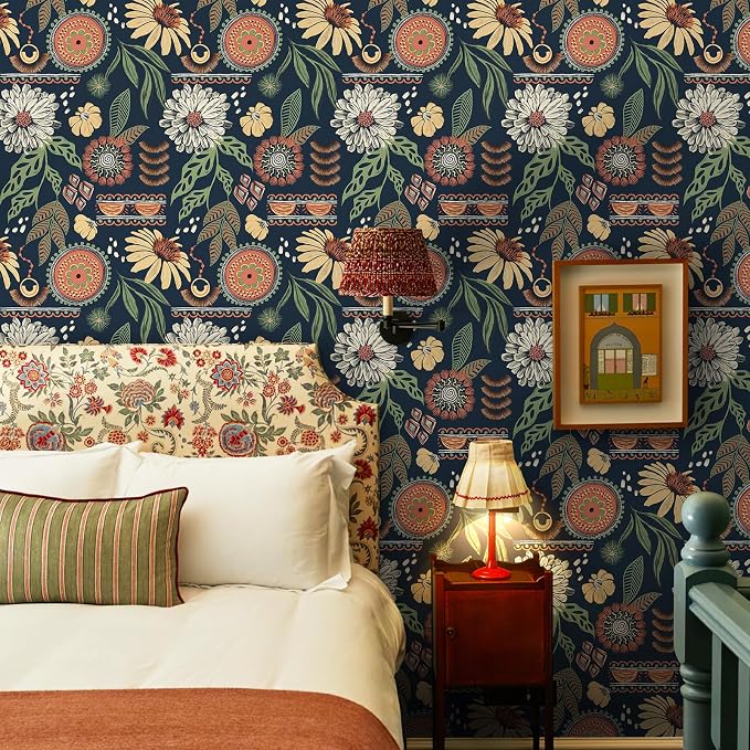 Simon&Siff Boho Peel and Stick Wallpaper, 17.3" x 800" Blue Sun Floral Retro by SimonSiff
