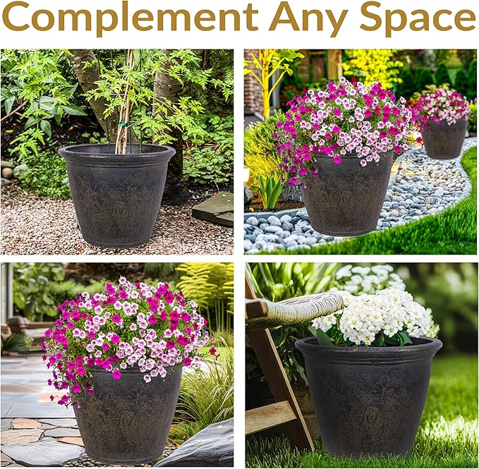 Sunnydaze 24-Inch Anjelica Large Plastic Pot for Plants - Outdoor Polyresin Round Planter with Drillable Drainage Holes - Sable