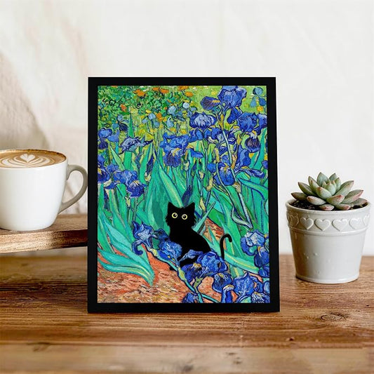 Fantasy Artists Van Gogh Irises Cat Wall Art, Framed Vintage Garden Canvas Wall - Image 2