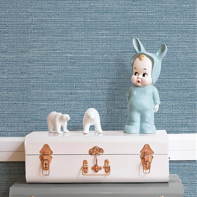 JiffDiff Grasscloth Wallpaper Peel and Stick 1181" x 17.3" Blue Cream - Image 8