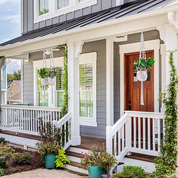 Sorbus Macrame Plant Hanger (8 Pack) Indoor Outdoor Hanging Plant Pots Cotton Rope, Elegant for Home, Patio, Garden (White)