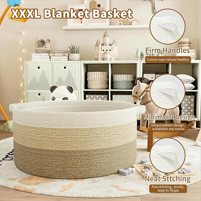 125L Extra Large Blanket Basket, 25" x 16", Jumbo Laundry Woven Basket Decorative Home, Cotton Rope Basket with Handles, Baby Toy Basket for Storage, Gradual Brown