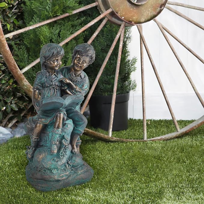 Alpine Corporation 15" Tall Indoor/Outdoor Girl and Boy Reading Together Statue Yard Art Decoration