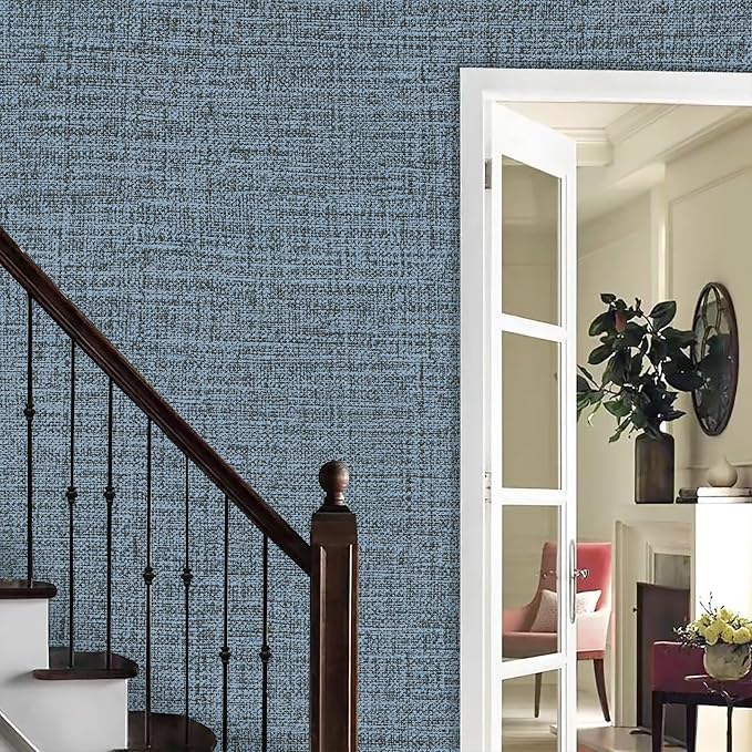 Blue Gray Grasscloth Peel and Stick Wallpaper 17.3"x120" Faux Linen Textured - Image 6