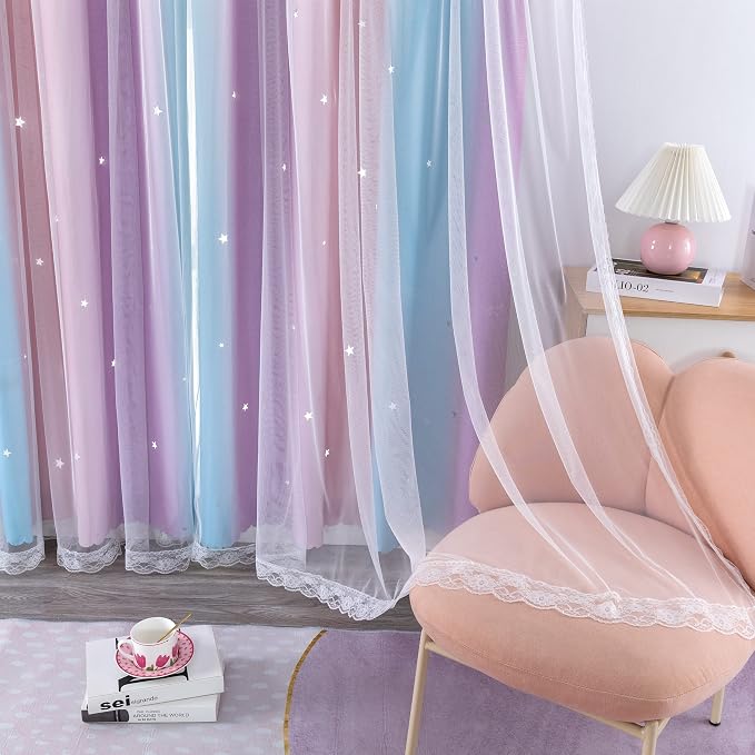 XiDi Curtains for Bedroom Decor, Rainbow Pink Purple/52/45 - Image 3