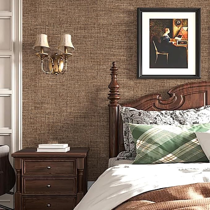 Amiya Grasscloth Brown Wallpaper 17.3"x120" Peel and Stick Faux Fabric Linen - Image 4