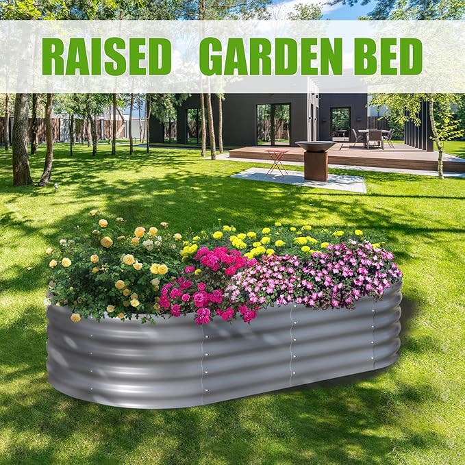 SnugNiture Galvanized Raised Garden Bed, 6x3x1.5ft Oval Metal Planter Box for Planting Outdoor Plants Vegetables