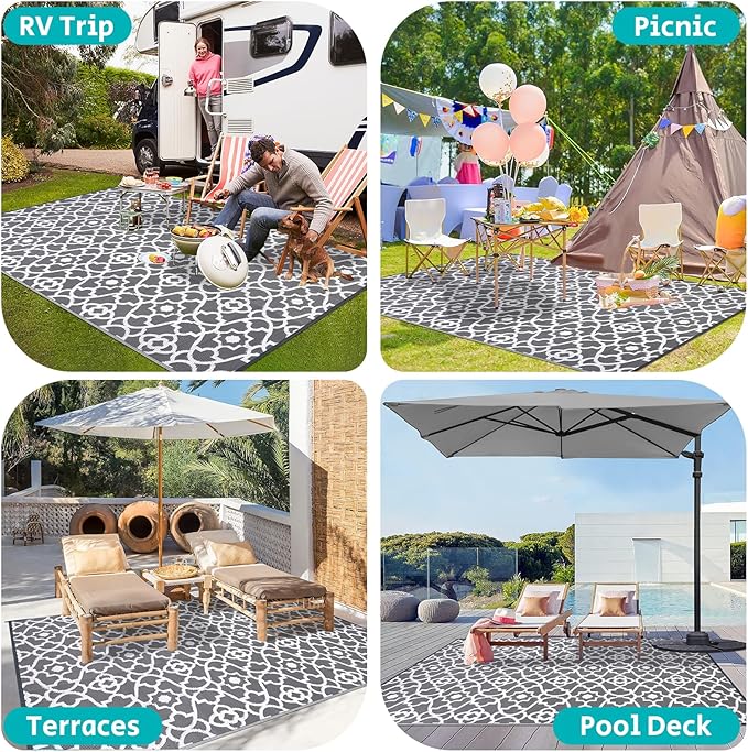HEBE Outdoor Rug Waterproof 8x10, Plastic Straw Rug Camping Rug, Reversible Outdoor Patio Rugs RV Mat Clearance, Indoor Outside Floor Carpet for Porch,Deck,Camper,Balcony,Backyard