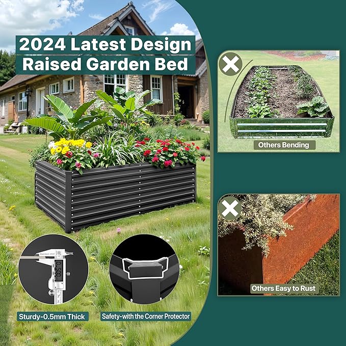 Raised Garden Bed 6x3x2ft, Galvanized Raised Garden Beds Outdoor for Vegetables Flowers Herbs, Steel Large Deep Planter Box, Tall Raised Garden Bed with 3ftx30ft Weed Barrier Fabric and Glove, Black