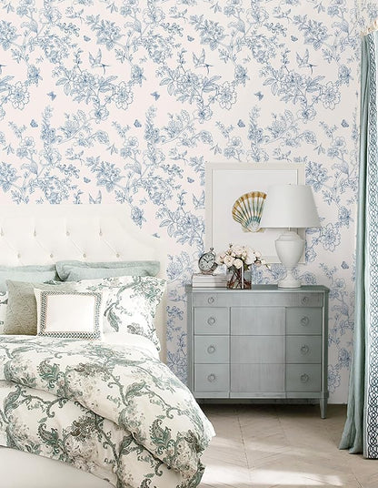 Froluya Cream White and Blue Floral Wallpaper Peel and Stick Wallpaper - Image 8