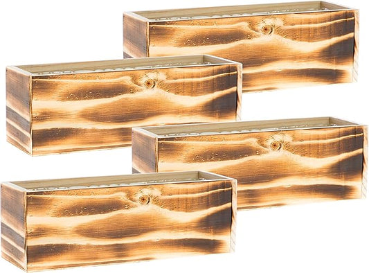 Wooden Planter Box, Rustic Barn Wood/Whitewash with Plastic Liner l Garden Decor l Restaurant and Wedding Decorations l Table Centerpiece (12x4 Set of 4, Burned Wood)