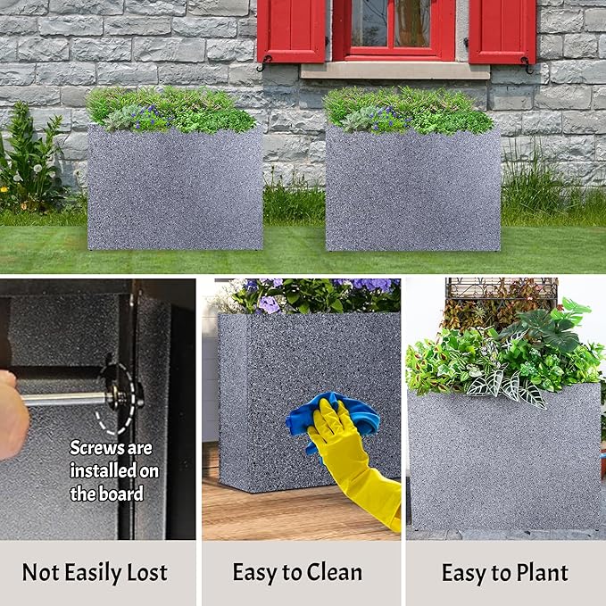 Metal Rectangular Planter Box, Galvanized Steel Tall Planters for Outdoor Plants, 35.5"x 10"x 28" Terrazzo Outdoor Planters for Porch/Patio/Garden