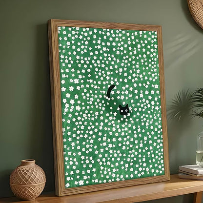 Framed Floral Black Cat Canvas Wall Art, Cute Black Cat in Daisy Field Painting - Image 8