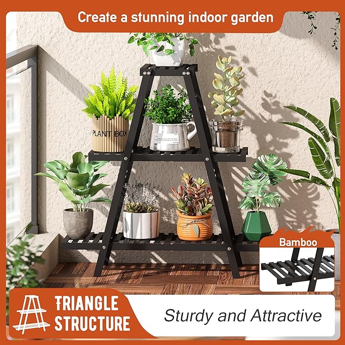 Plant Stand Indoor Plant Shelf Outdoor bamboo Plant Rack, 3 Tiers Ladder Plant Holder Flower Stand for Living Room Balcony Garden Patio,Living Room Boho Home Decor for Gardening Gifts (Black)