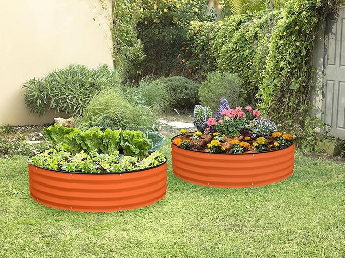 Round Galvanized Raised Garden Bed // 4×4×1 ft Galvanized Raised Garden Beds Outdoor for Gardening, Vegetables, Flowers // Tool-Free Assembly Patent Pending Round Planter (Orange)