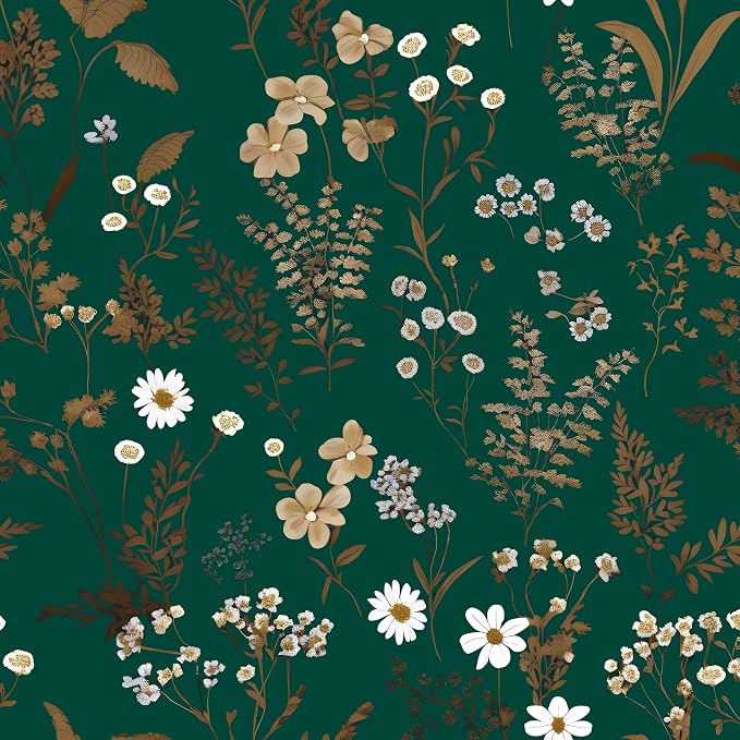 Laatse Dark Floral Wallpaper Peel and Stick 17.5in x 118in Vintage Green Gold by Laatse