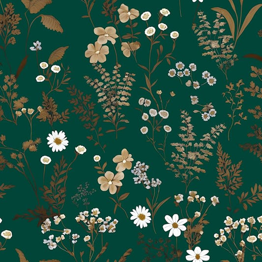 Laatse Dark Floral Wallpaper Peel and Stick 17.5in x 118in Vintage Green Gold by Laatse