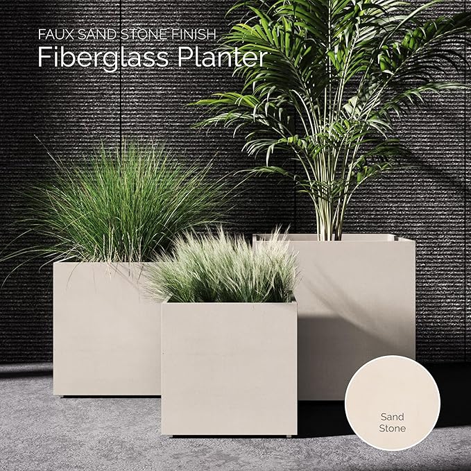 Reglito Cube Planter – Fiberglass Indoor/Outdoor and Weather-Resistant Large Planter (Sand Stone, 19.7" L x 19.7" W x 20.3" H)