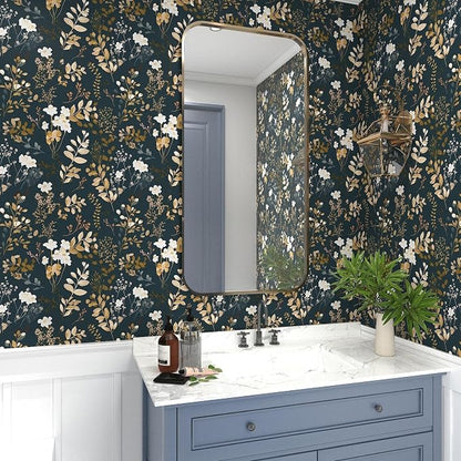 Laatse Navy Floral Wallpaper Peel and Stick Boho Wallpaper Vintage Blue/Gold - Image 5