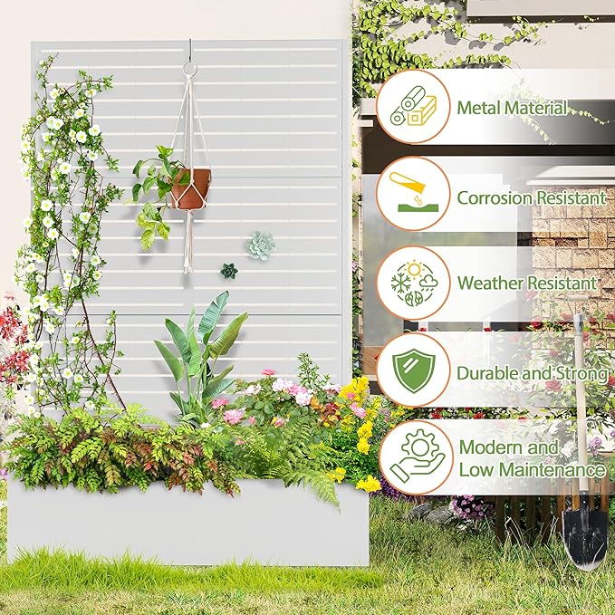 Trellis for Climbing Plants Outdoor，Mental Garden Bed with Drainage Holes Outdoor Privacy Screen Design Tall planters for herb Flower Vegetables 73"x47"x16", White-Louvered