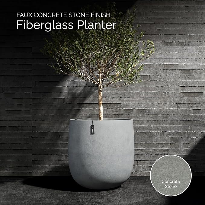 Mondo Large Planter – Concrete Stone Finish – Fiberglass Indoor/Outdoor and Weather-Resistant Round Planter (26" D x 24.6" H Exterior, 24.6" D x 24" H Interior)