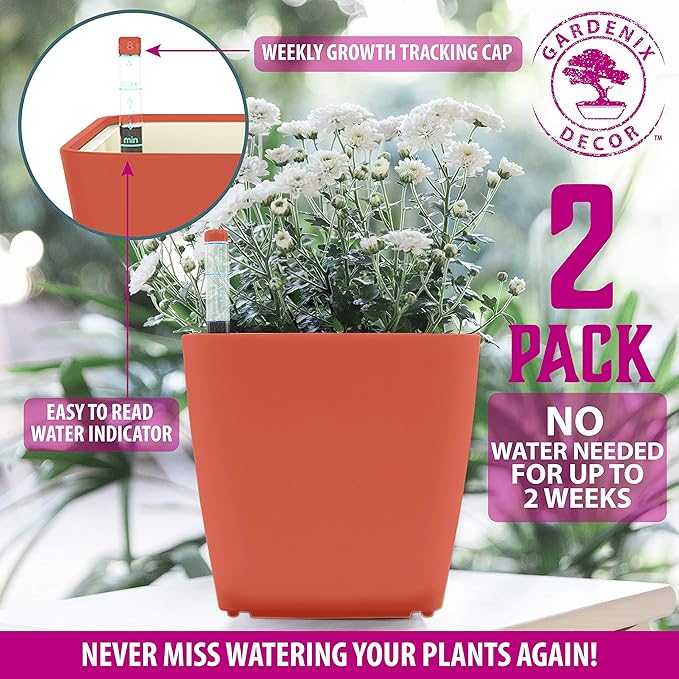 GARDENIX DECOR 5" Self Watering pots for Indoor Plants - Flower Pot with Water Level Indicator for Plants, Grow Tracking Tool - Self Watering Planter Plant Pot – 2 Pack Terracota