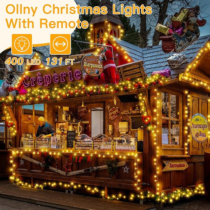 Ollny Christmas Lights Outdoor 400LED 131FT, Warm White Fairy Lights with Remote 3 Timer, Plug in 8 Modes String Lights for Bedroom Indoor Outside House Party Xmas Decorations