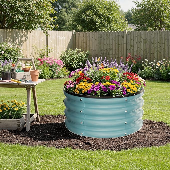 ZXZYHFTY Round Galvanized Raised Garden Bed kit, Blue Outdoor Garden Raised Planter Box, Round Large Metal Raised Garden Beds for Vegetable 2 * 2 * 1ft 3 Pcs