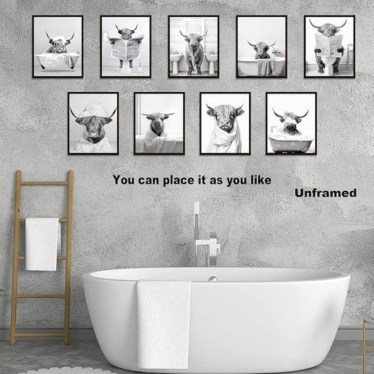 SEHSUVC Funny Bathroom Cow Posters Wall Art Set of 9, Vintage Black and White - Image 2