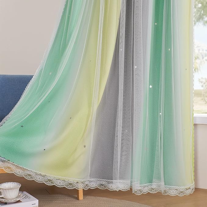XiDi Curtains for Bedroom Decor, Rainbow GreenYellowGrey34/45/1 - Image 4