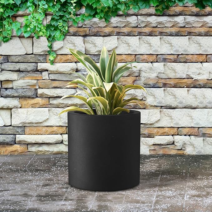 Kante 12.6" Dia Round Concrete Planter, Modern Style Large Cylindrical Plant Pot with Drainage Hole and Rubber Plug for Indoor Outdoor Patio, Black