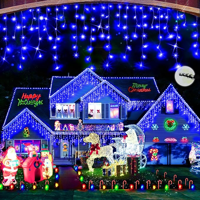 Hezbjiti Christmas Decorations Lights Outdoor, 400 LED 32.8 FT 8 Modes 75 Drops Fairy String Curtain Lights for Christmas Decor Eaves Window Party Yard Garden Indoor (Blue)