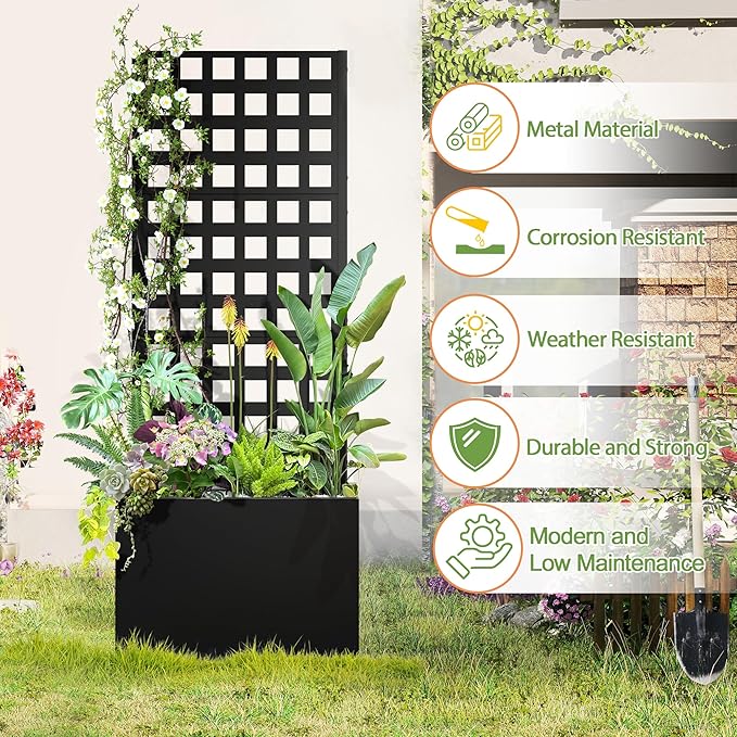 Metal Raised Garden Bed, Trellis Planters Bed with Drainage Holes for Climbing Plants, Vegetables Outdoor Privacy Screen with Planter Box 63"x24"x12", Black