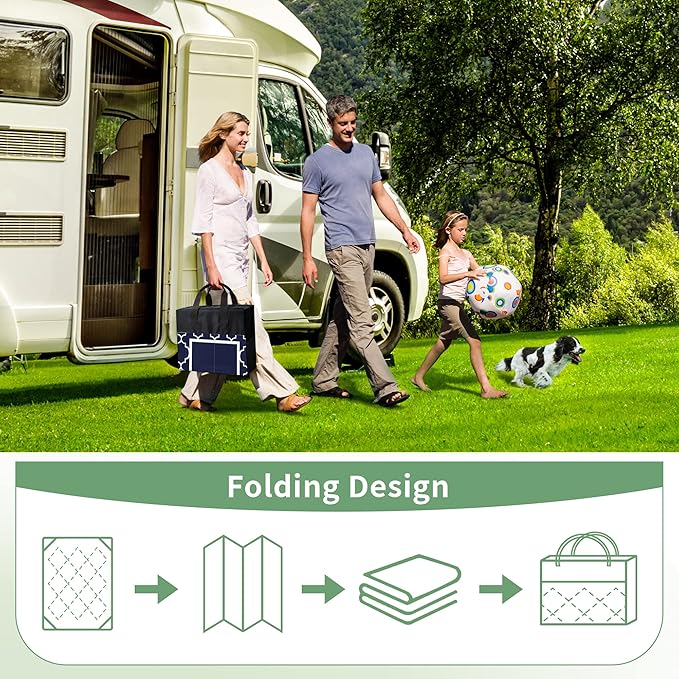 GENIMO 6' x 9' Outdoor Rug Waterproof for Patio Decor, Foldable Reversible Plastic Straw Area Rugs Mat with String Light, Led Carpet for Camper, Rv, Deck, Porch, Picnic, Beach, Balcony, Blue & White