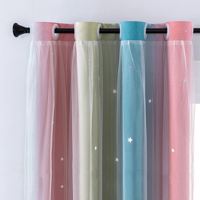 XiDi Curtains for Bedroom Decor, Rainbow Pink-Blue-52-90 - Image 2