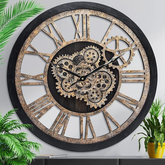 HOIBAI Wall Clock for Living Room Decor, 24 in, Moving Gear, Farmhouse Vintage by HOIBAI
