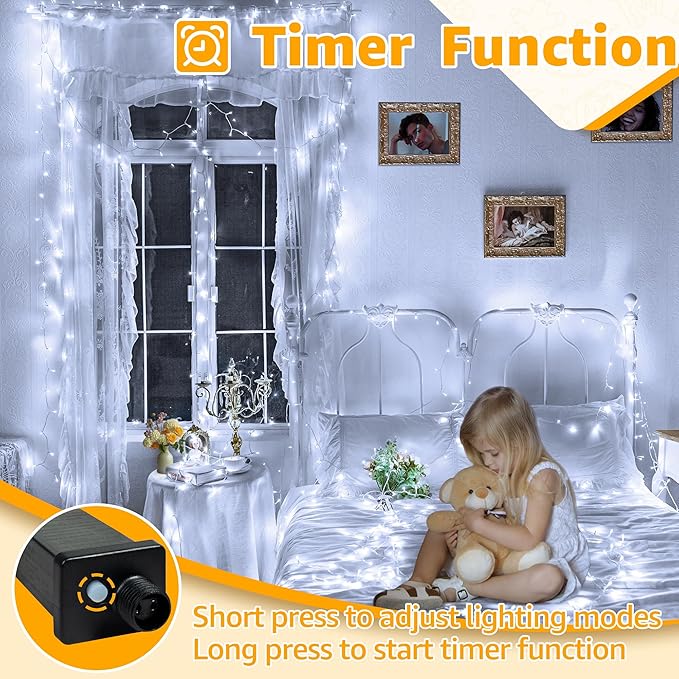 Ollny 120LED 40FT String Lights, Waterproof Connectable Fairy Lights with Timer 8 Modes, Cool White Plug in Christmas Light for Indoor Outdoor Patio Party Bedroom Classroom Decor