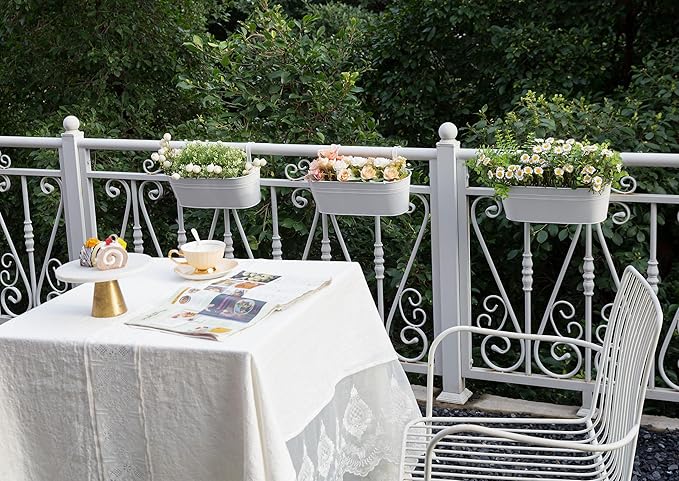 Dahey 3 Pcs Metal Iron Hanging Flower Pots for Railing Fence 15.7 Inch Hanging Bucket Pots Countryside Style Window Flower Plant Holder with Detachable Hooks for Garden Yard Home Decor, White