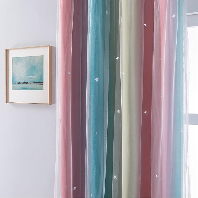 XiDi Curtains for Bedroom Decor, Rainbow Pink-Blue-52-54 - Image 2