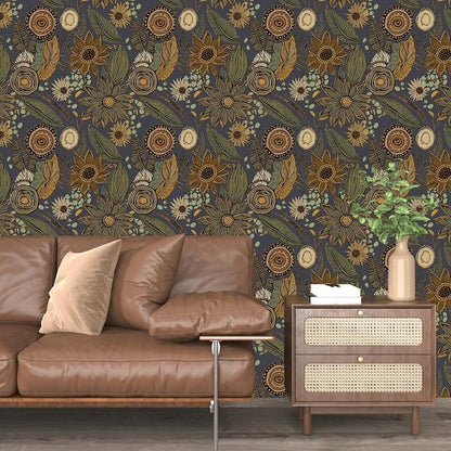 Boho Wallpaper Peel and Stick, Vintage Blue Yellow Floral Contact Paper 17.5" x - Image 5