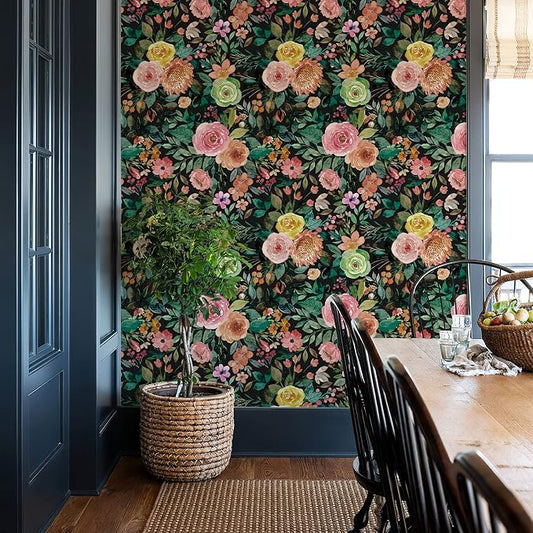 JiffDiff Dark Floral Peel and Stick Wallpaper 236.22" L x 17.7" W Black - Image 2