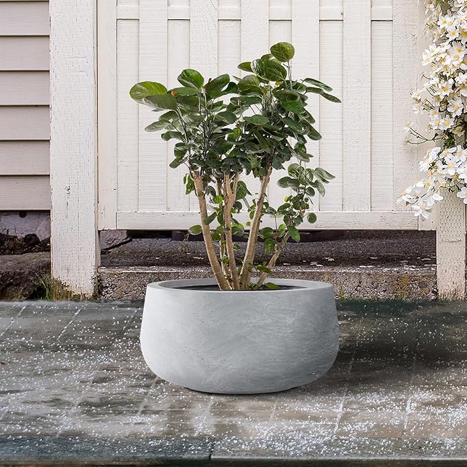 Kante 11.8" Dia Round Concrete Planter, Cement Plant Pots with Drainage Hole and Rubber Plug for Outdoor Indoor Garden Home, Modern Curvaceous Design, Gray